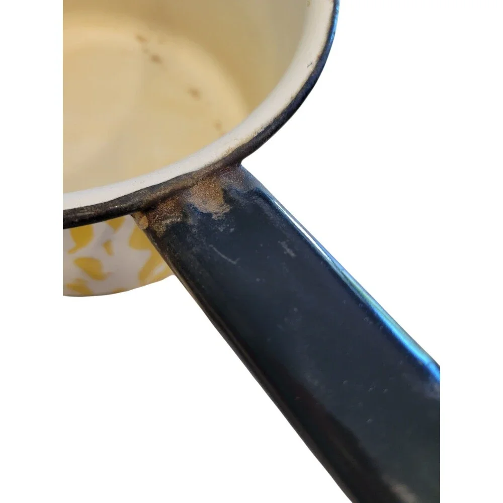 Vintage Enamel Double Boiler Yellow Splatter Lid Saucepan